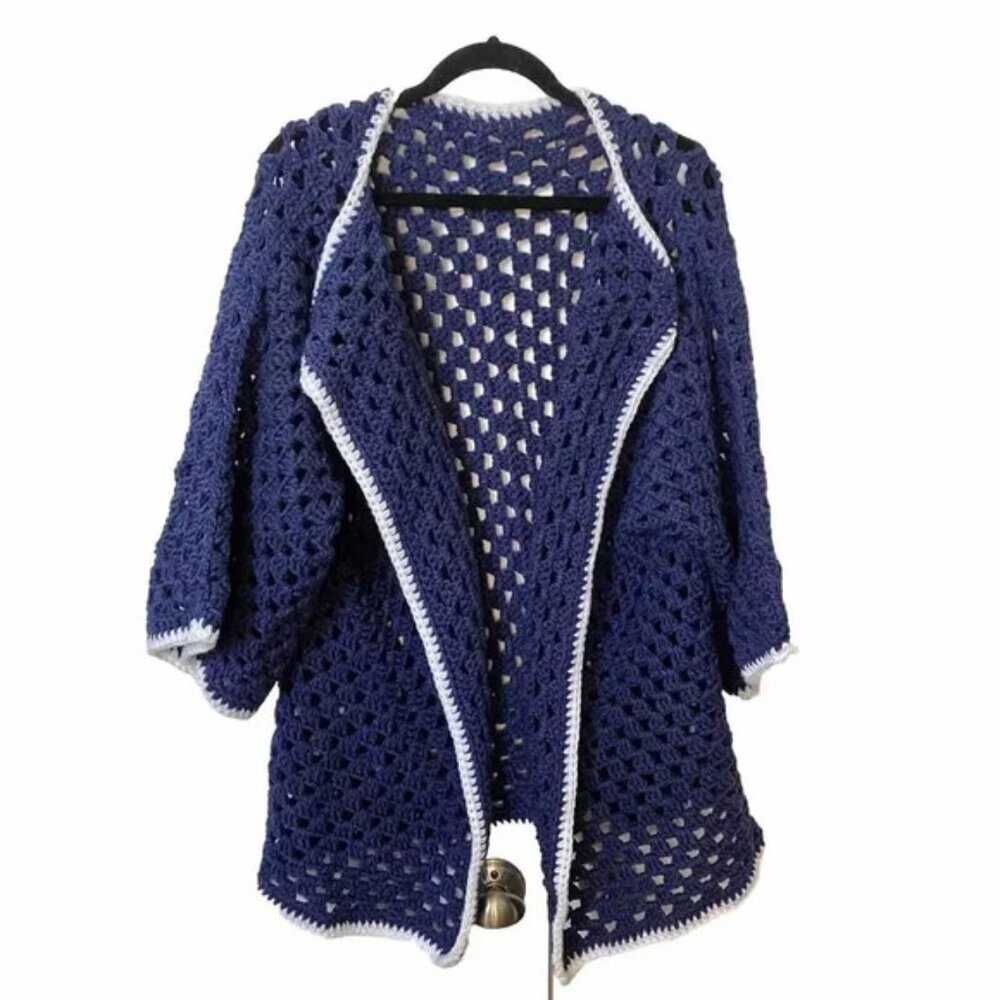 Vintage Purple Handmade Crochet Open Front Waterfall Cardigan